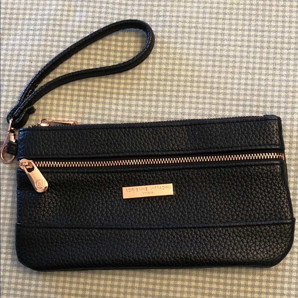Adrienne Vittadini Black Wristlet/Wallet Rose-Gold Toned Accents Leather #845